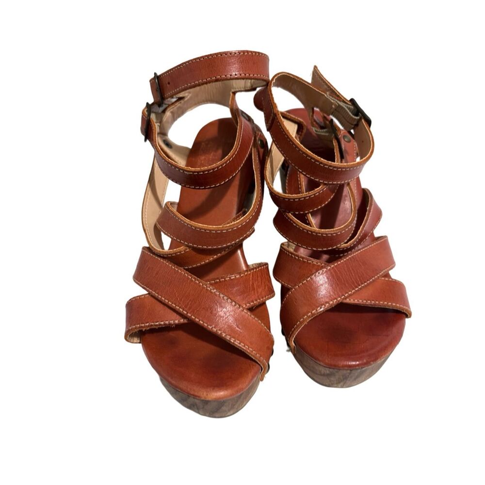 Bed Stu Juliana Tan Rustic Leather Strappy Wood Wedge Sandals Wood size 6